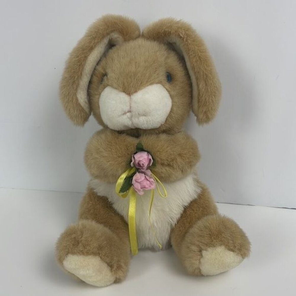 Vtg Lemonwood 10"Brown Bunny Plush w Pink Roses blue eyes easter love stuffie